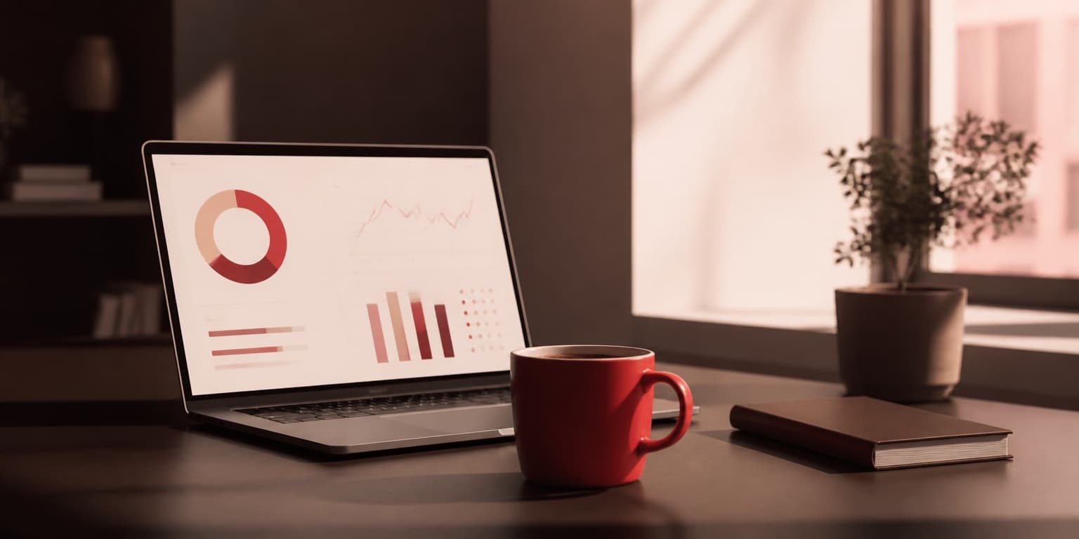 A calm desk on a Monday morning: a laptop showing one simple dashboard, a red mug of coffee, soft early light.